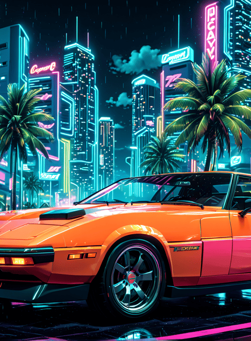 car, cityscape, palm tree