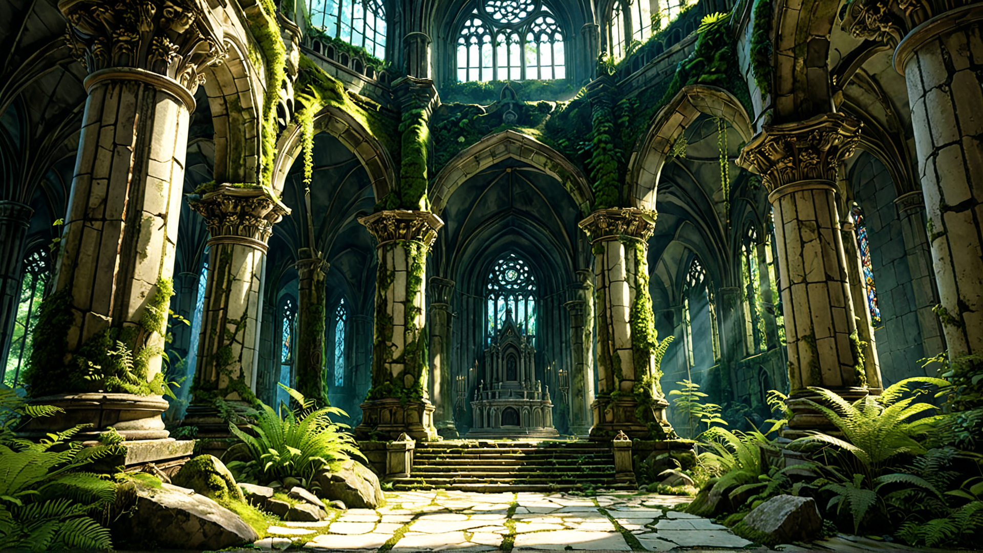 AI generated wallpaper featuring cathedral, columns, moss, stained glass, arches, fossils, ferns, stone, steps, altar