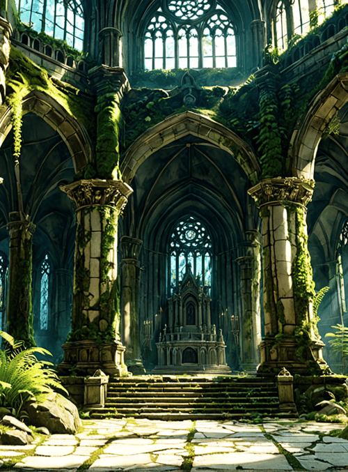 cathedral, columns, moss, stained glass, arches, fossils, ferns, stone, steps, altar