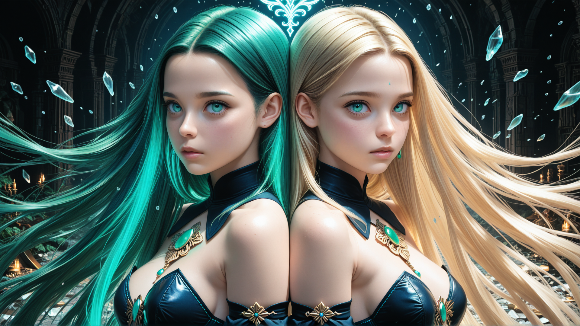 AI generated wallpaper featuring girls, twin, dolls, females, characters