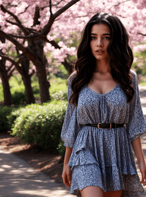 woman, cherry blossoms, pathway