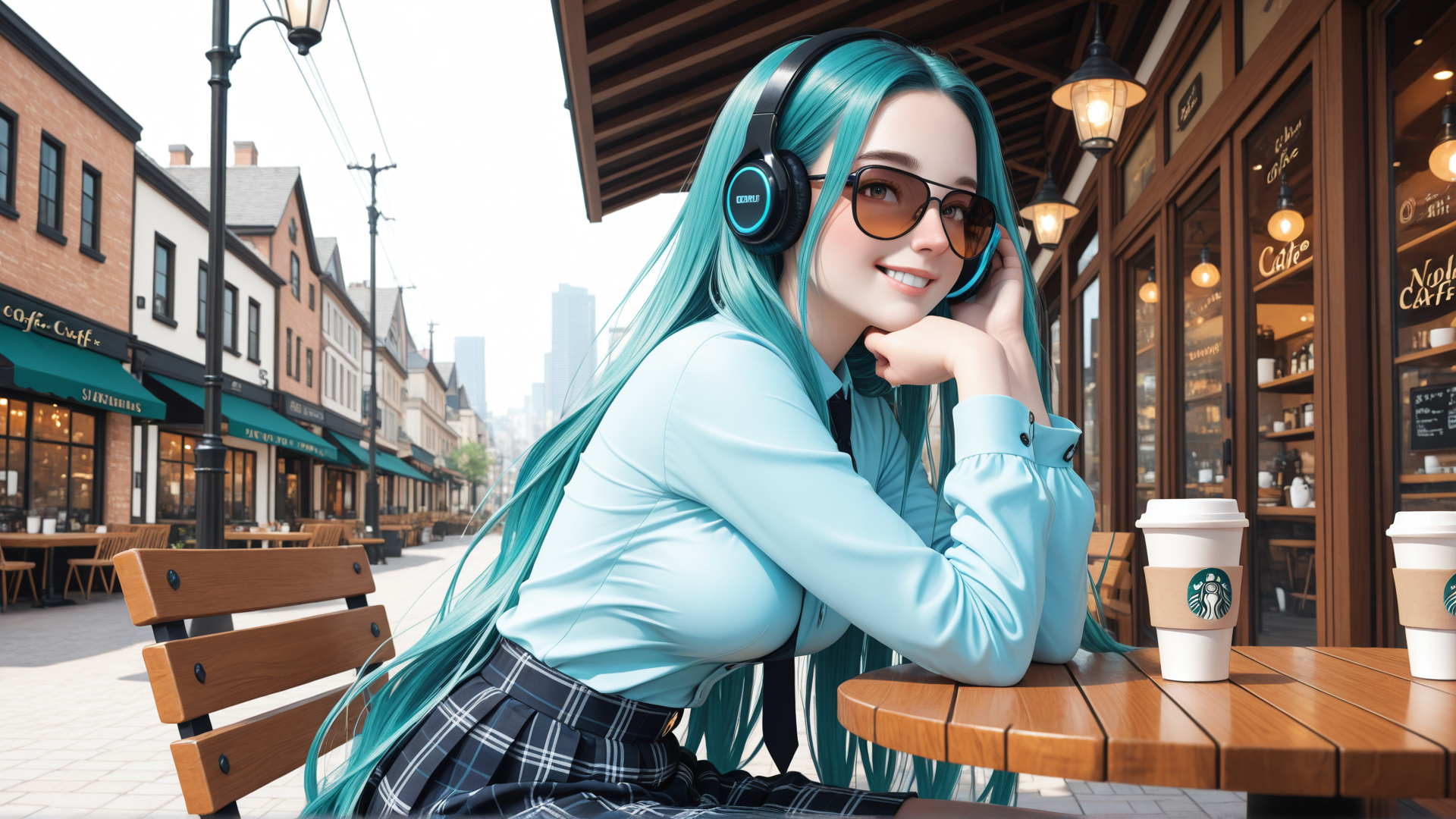 AI generated wallpaper featuring woman, headphones, coffee, sunglasses, skirt, shirt, table, chair, building, street