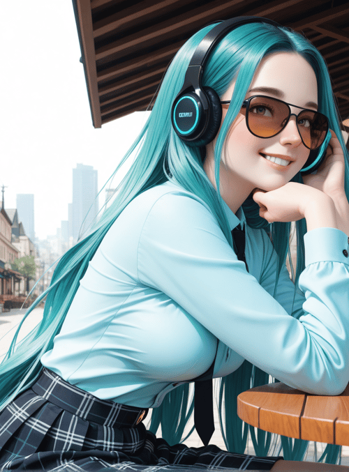 woman, headphones, coffee, sunglasses, skirt, shirt, table, chair, building, street