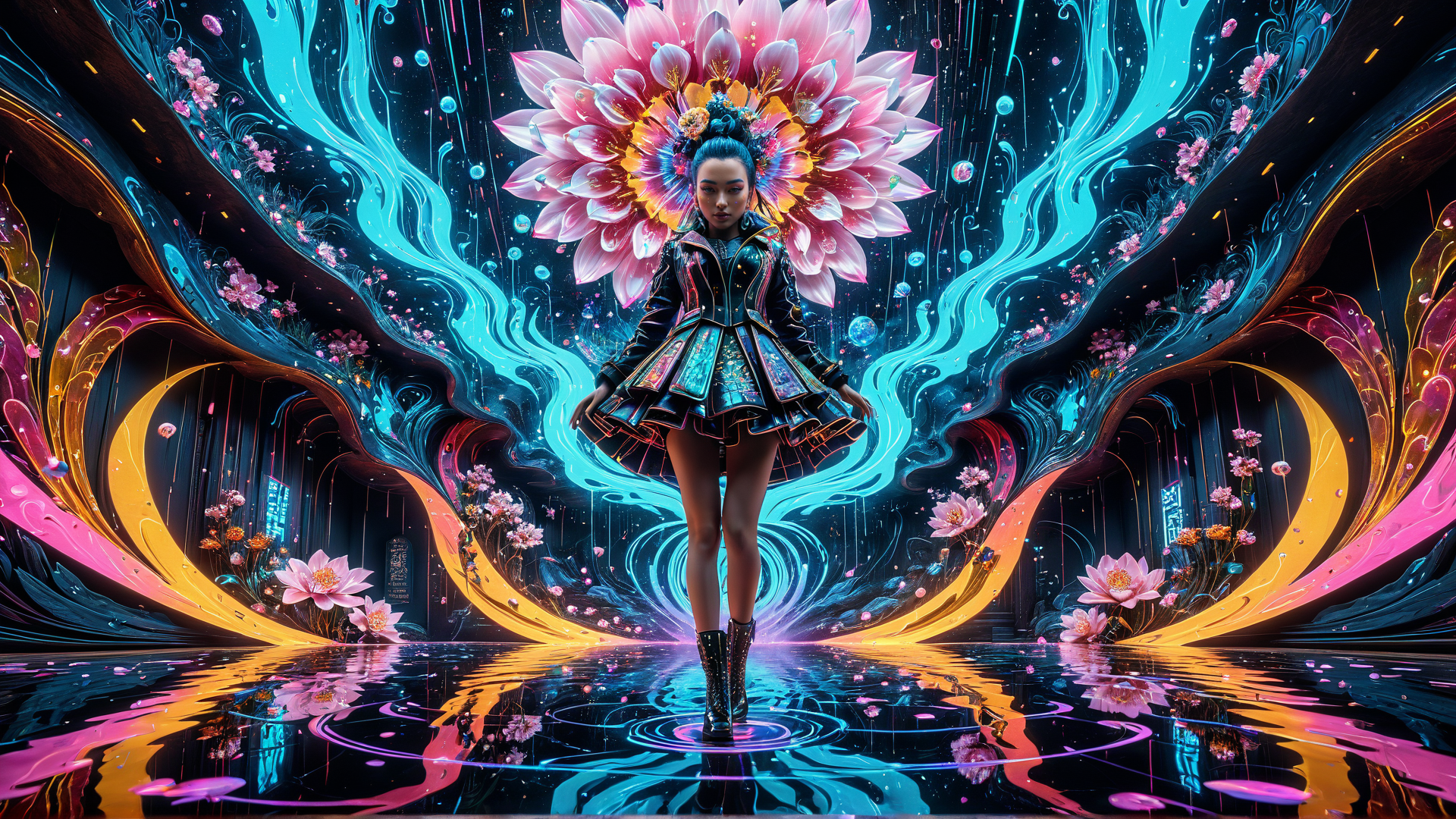 AI generated wallpaper featuring woman, flower, dress