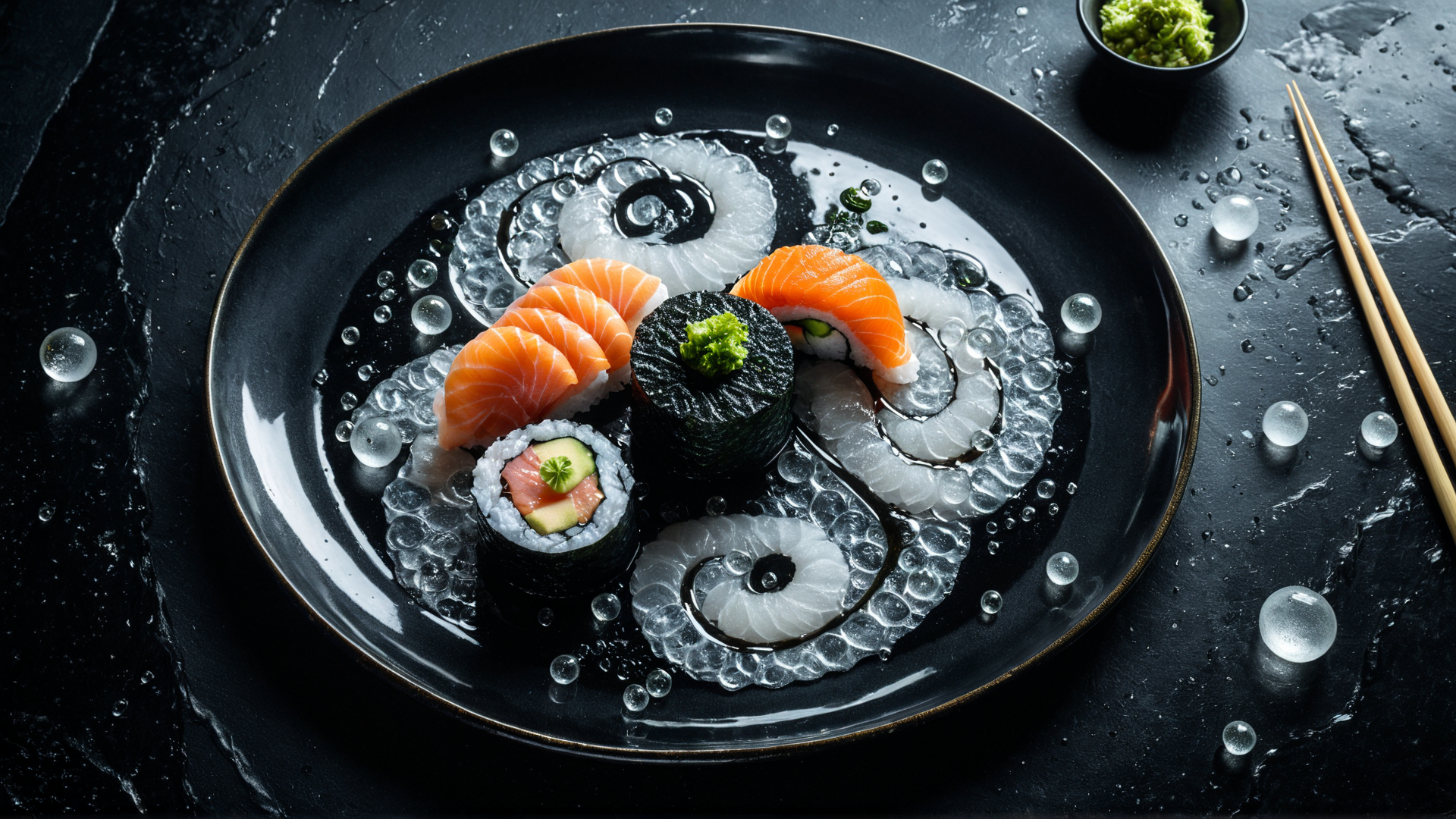 AI generated wallpaper featuring sushi, ice, plate