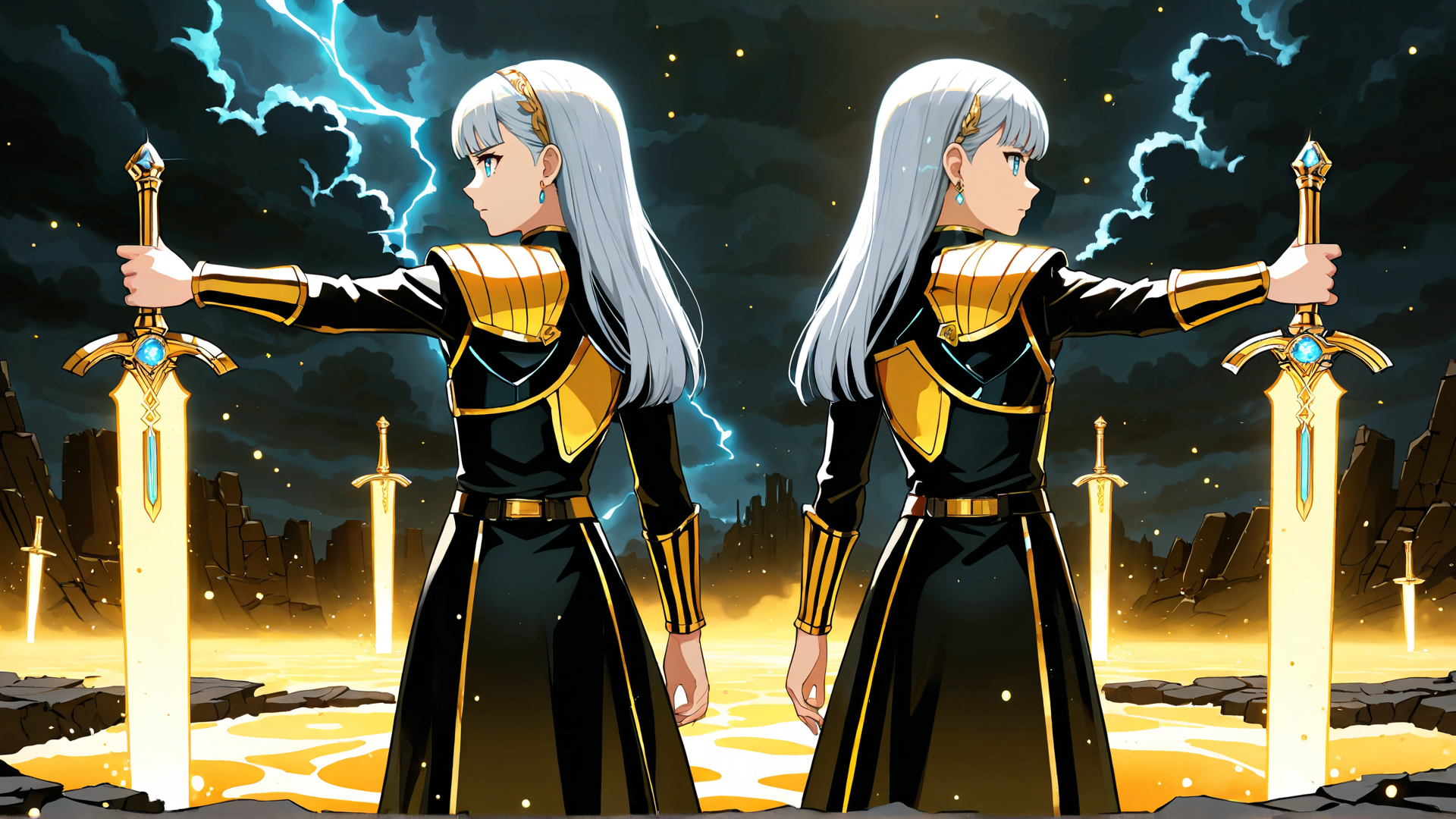AI generated wallpaper featuring woman, sword, armor, anime, character, lightning, desert, stars, crown, lava