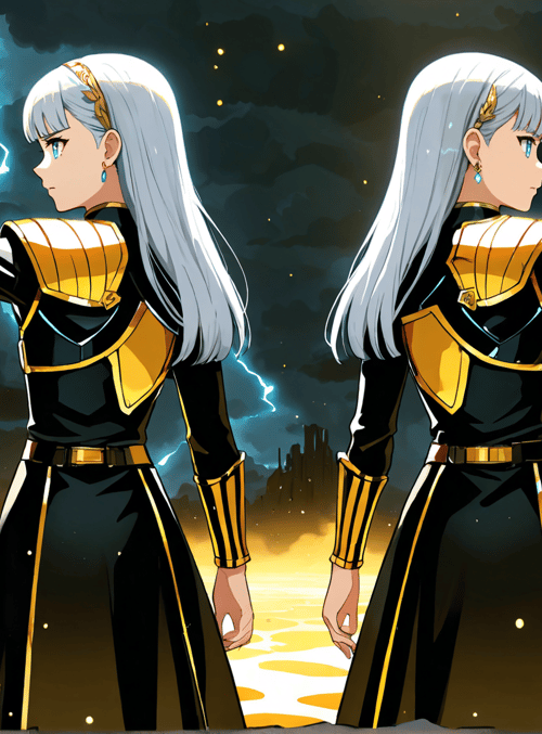 woman, sword, armor, anime, character, lightning, desert, stars, crown, lava