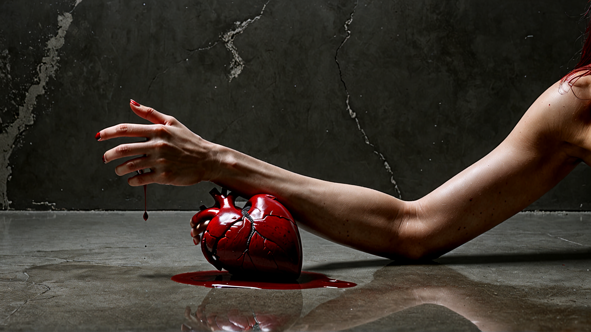 AI generated wallpaper featuring heart, hand, arm, blood, red, crack, reflection