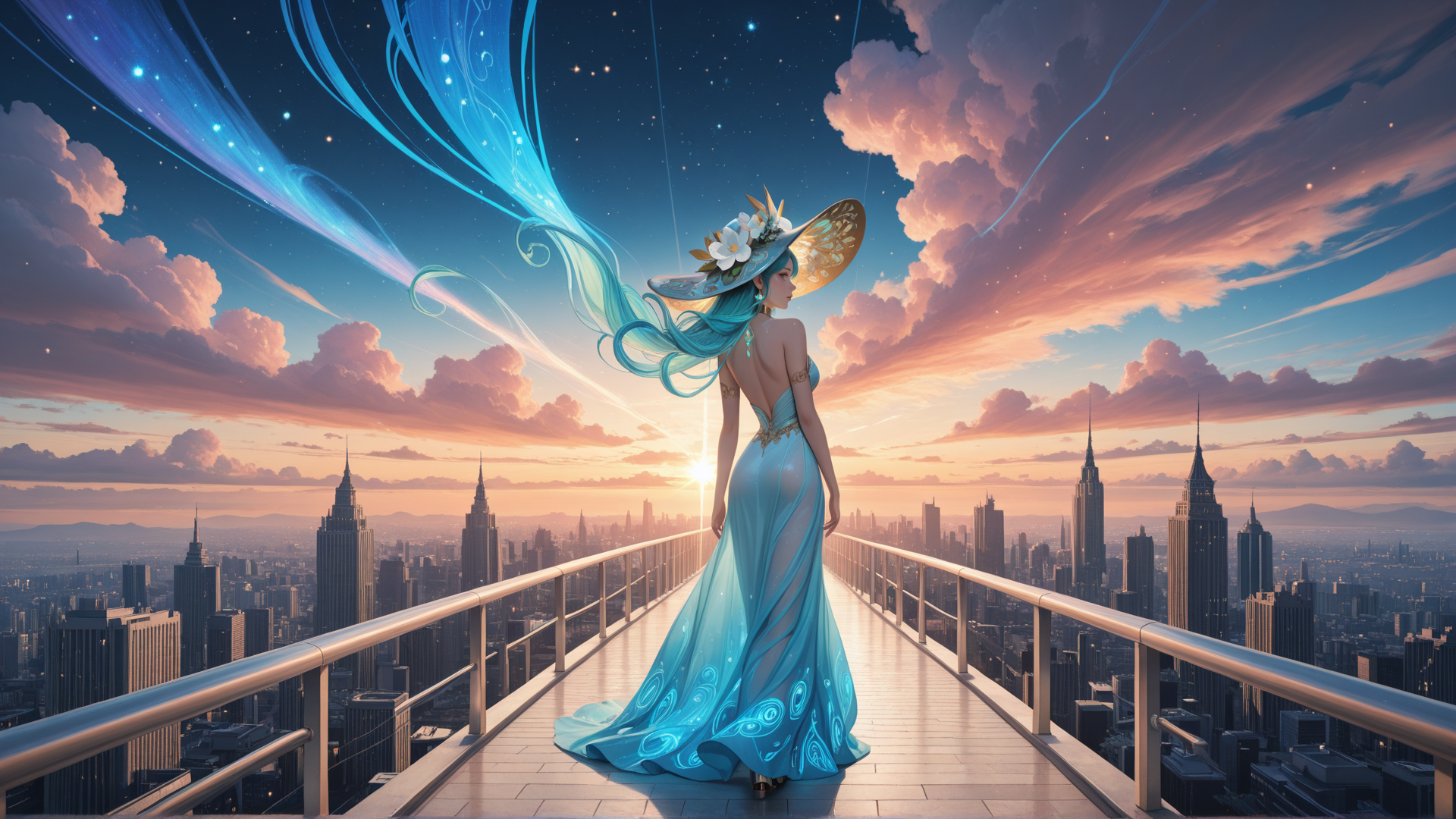 AI generated wallpaper featuring woman, city, dress, hat, clouds, sunset, skyscrapers