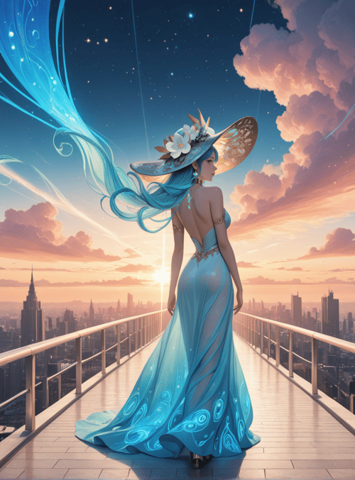 woman, city, dress, hat, clouds, sunset, skyscrapers