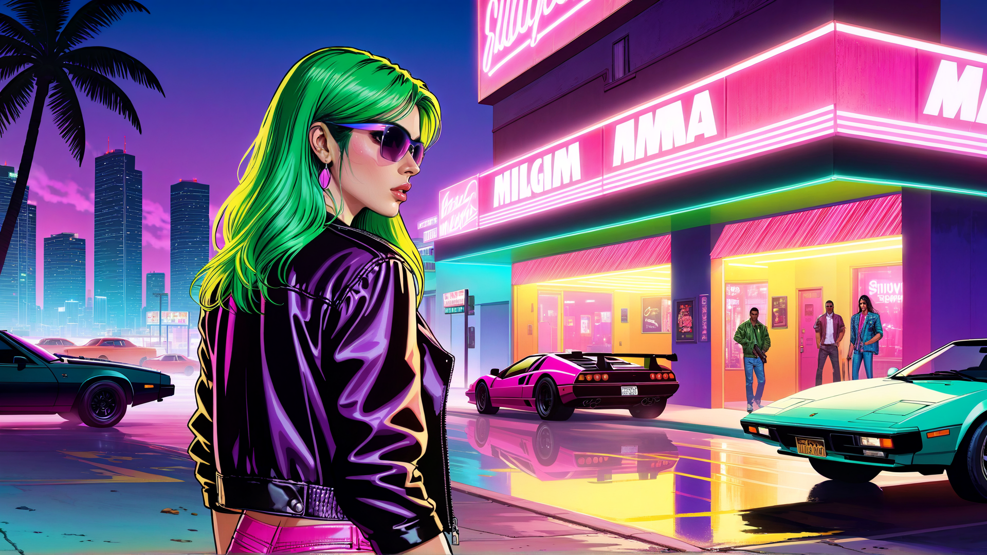 AI generated wallpaper featuring woman, neon, cars