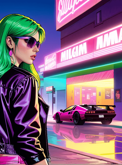 woman, neon, cars