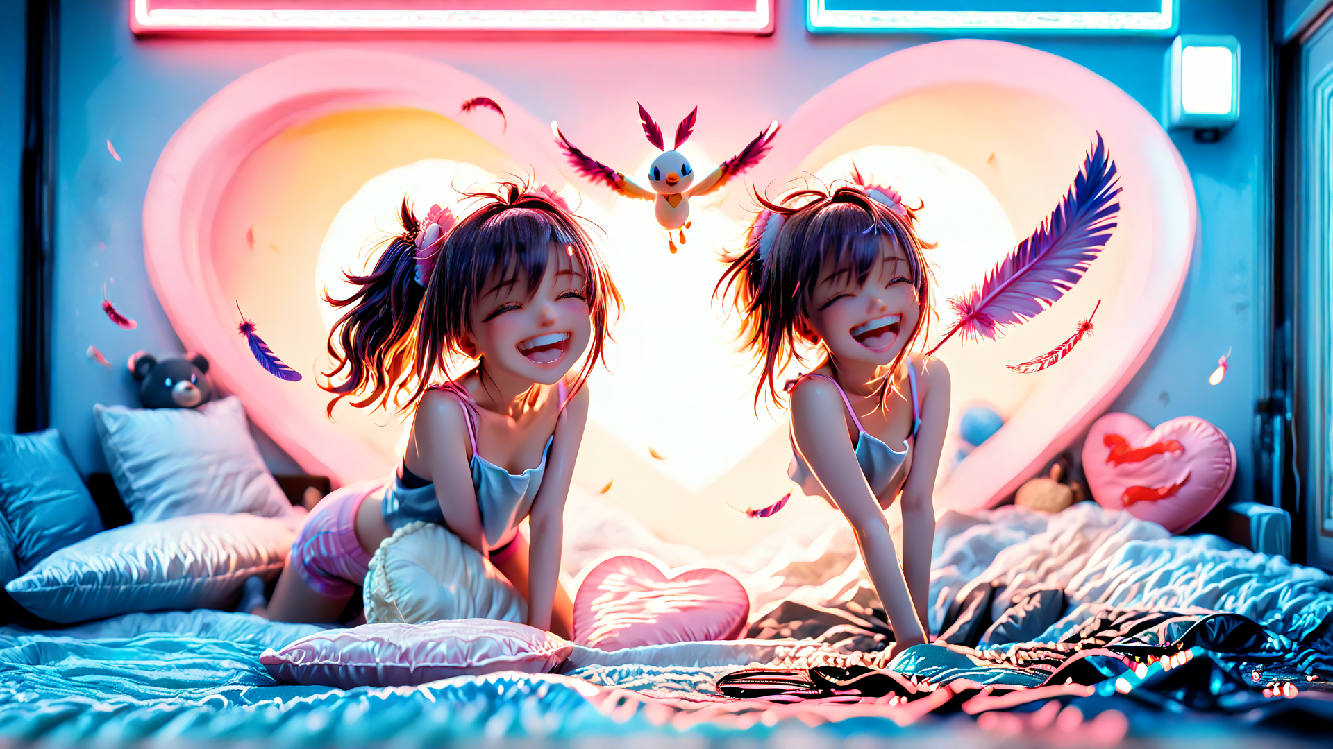 AI generated wallpaper featuring girls, birds, feathers