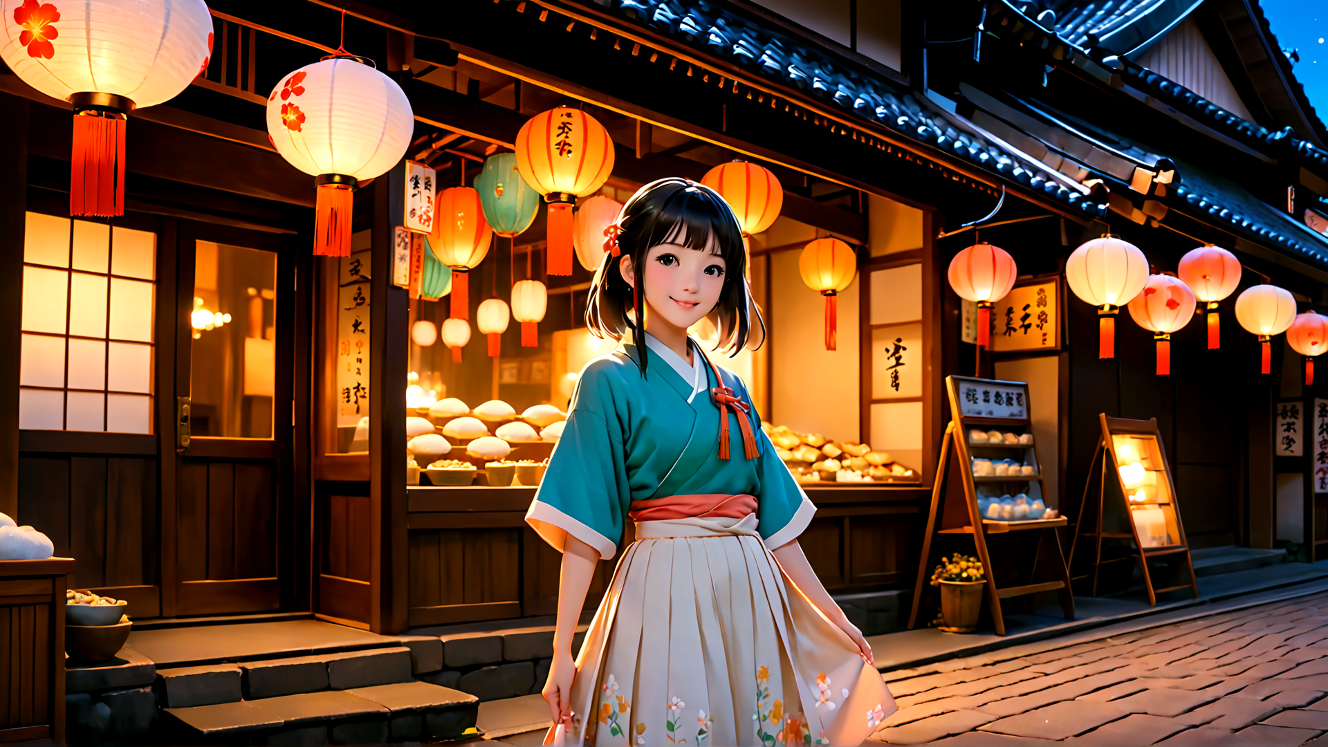 AI generated wallpaper featuring girl, lantern, street, shop, kimono, bakery, cherry blossom, traditional building, lantern, sign