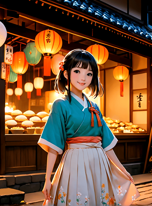 girl, lantern, street, shop, kimono, bakery, cherry blossom, traditional building, lantern, sign