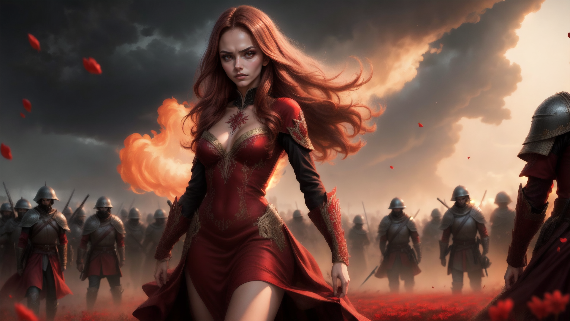 AI generated wallpaper featuring woman, soldiers, battle