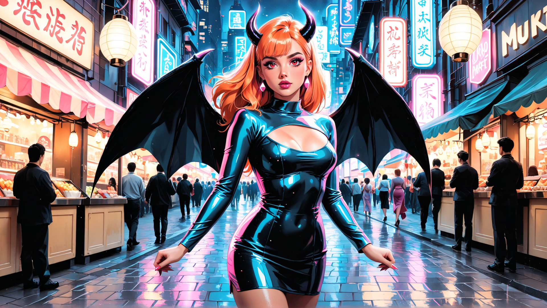 AI generated wallpaper featuring devil, woman, demon, street, market, neon, city