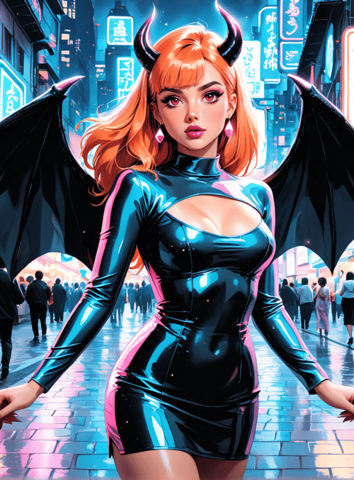 devil, woman, demon, street, market, neon, city