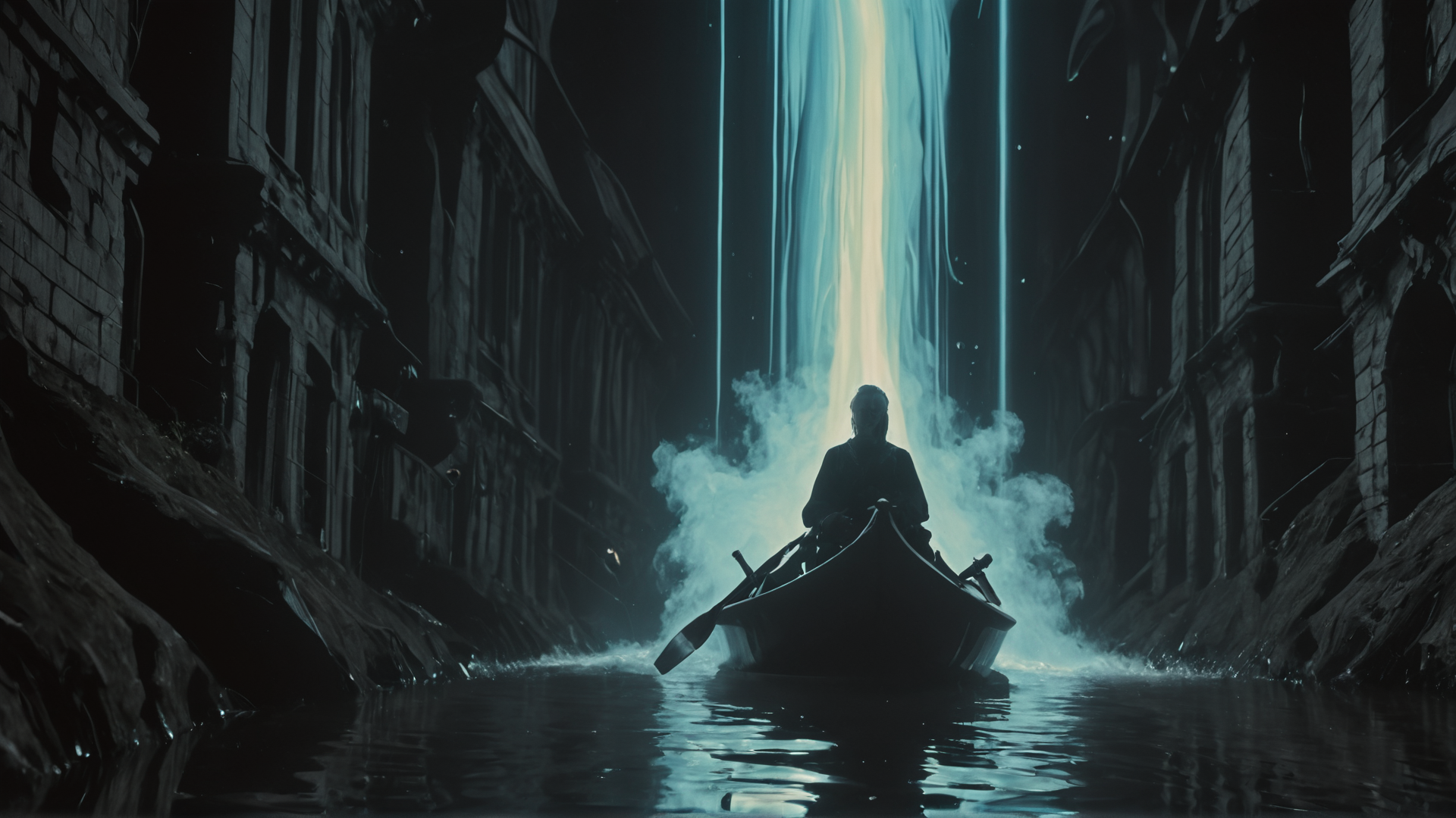 AI generated wallpaper featuring person, boat, canal