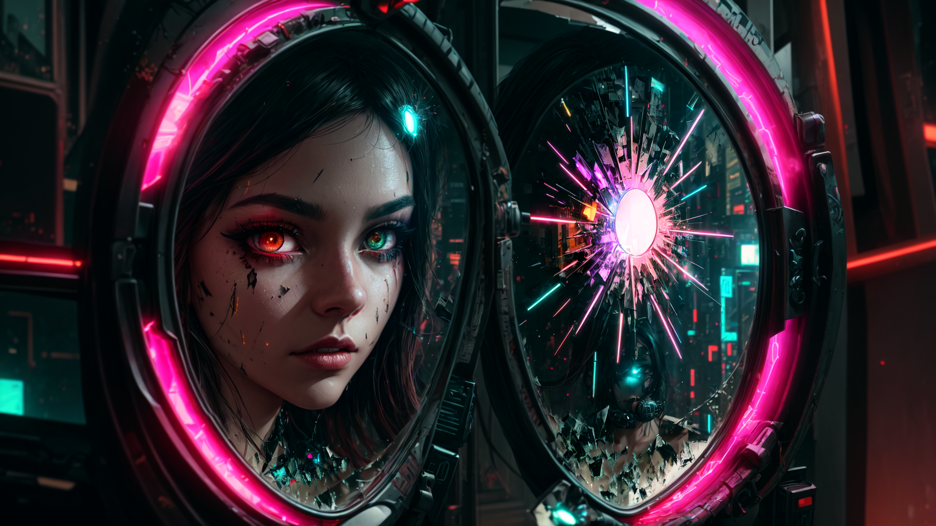 AI generated wallpaper featuring mirror, cyberpunk, woman, neon, cityscape, glasses, reflection, futuristic, urban, glowing
