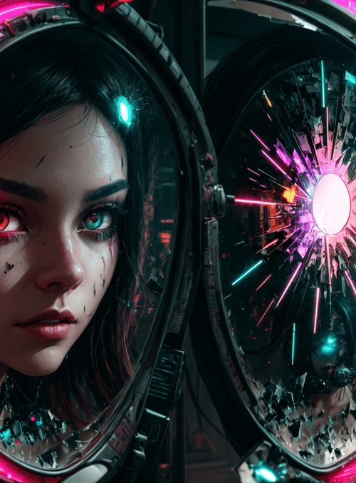 mirror, cyberpunk, woman, neon, cityscape, glasses, reflection, futuristic, urban, glowing