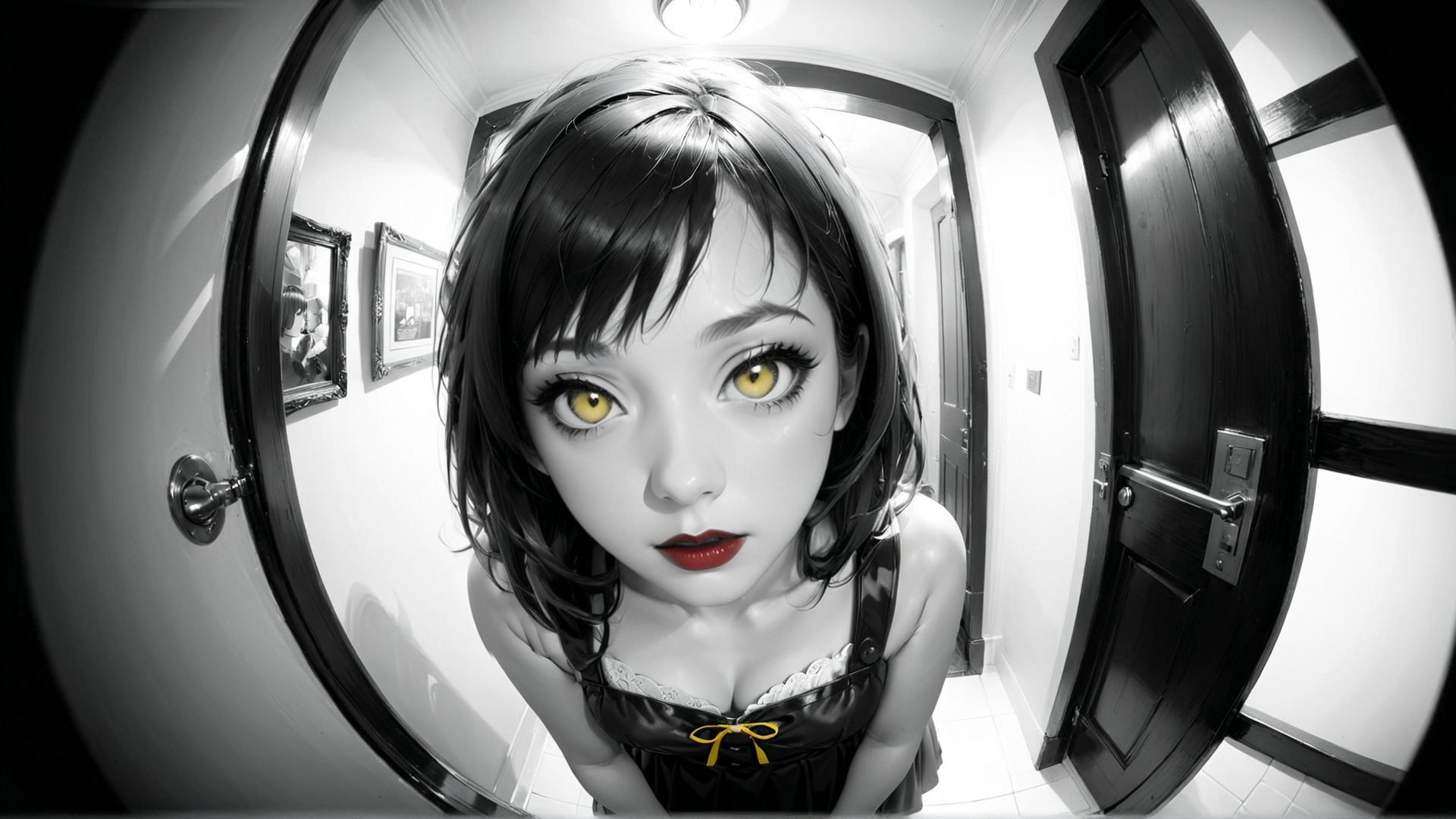 AI generated wallpaper featuring girl, mirror, door, corridor