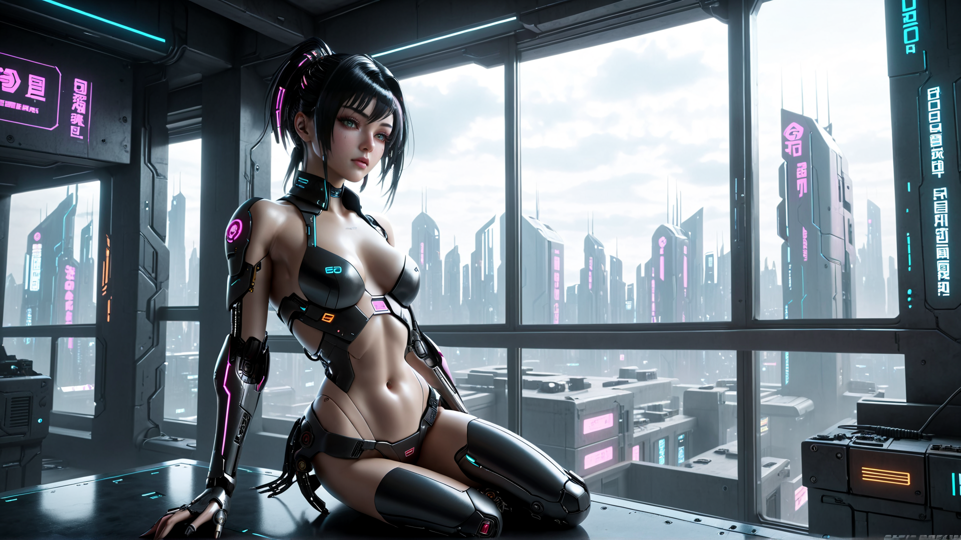 AI generated wallpaper featuring cyberpunk woman, robot, cityscape