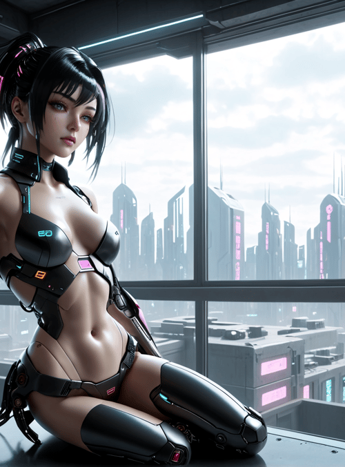 cyberpunk woman, robot, cityscape
