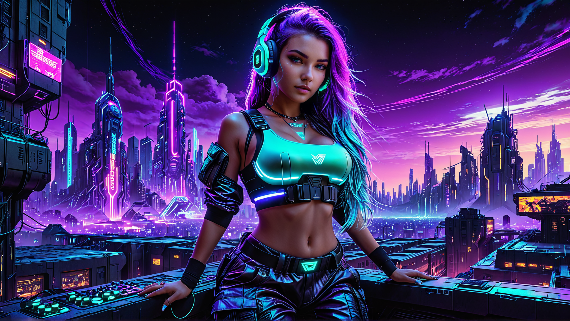 AI generated wallpaper featuring woman, cityscape, cyberpunk