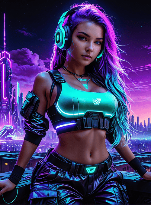 woman, cityscape, cyberpunk