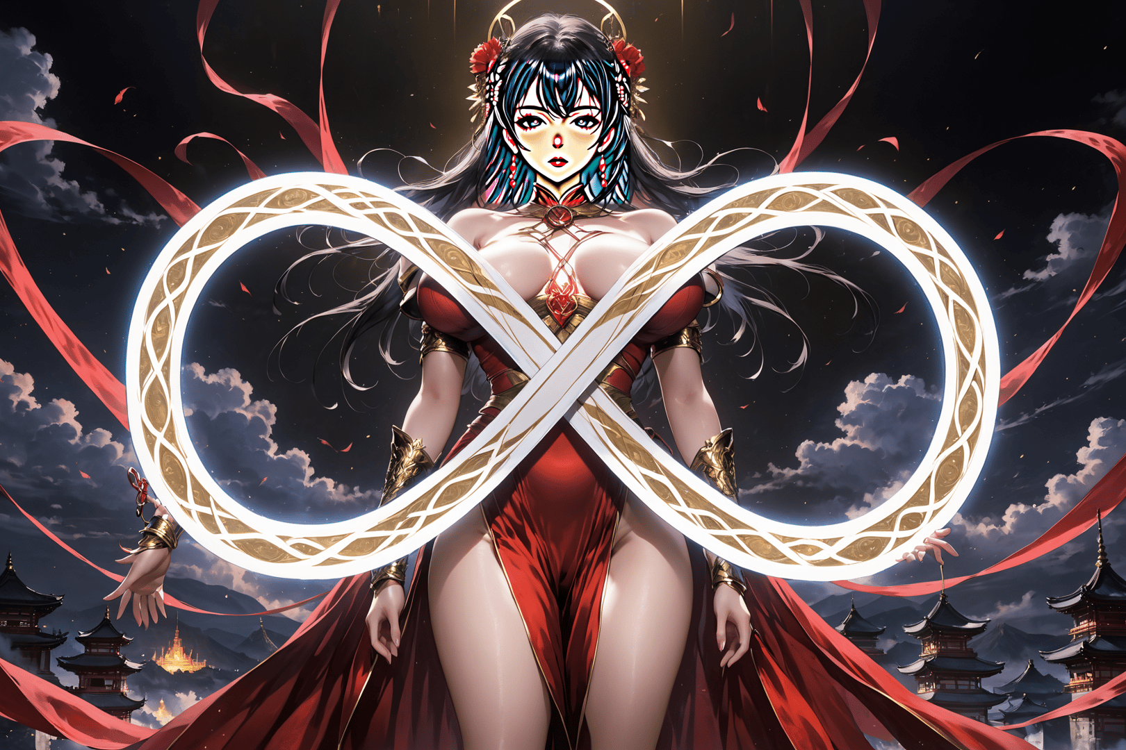 AI generated wallpaper featuring goddess, infinity symbol, traditional attire