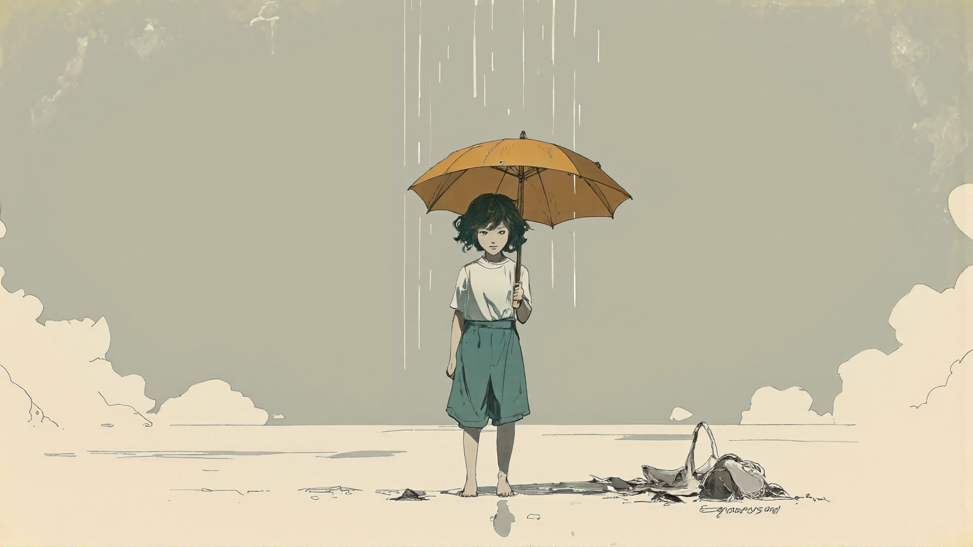 AI generated wallpaper featuring girl, umbrella, rain, cloud, ground