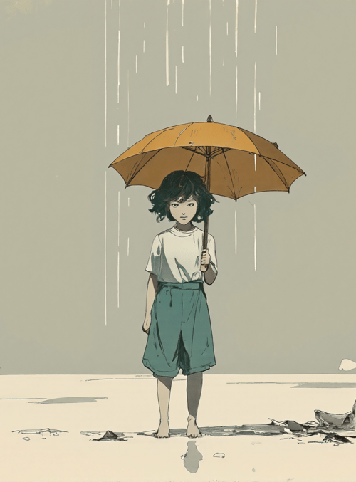 girl, umbrella, rain, cloud, ground