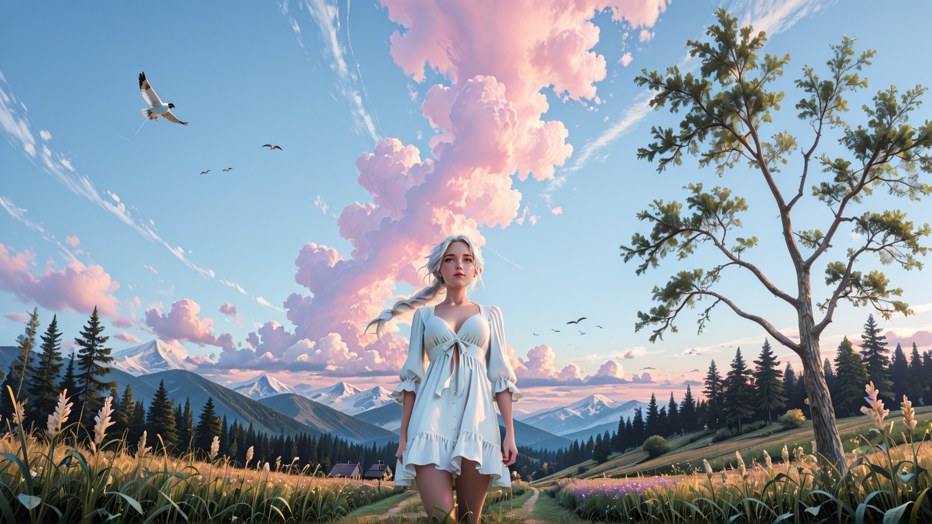 AI generated wallpaper featuring woman, cloud, bird, tree, mountain, grass, field