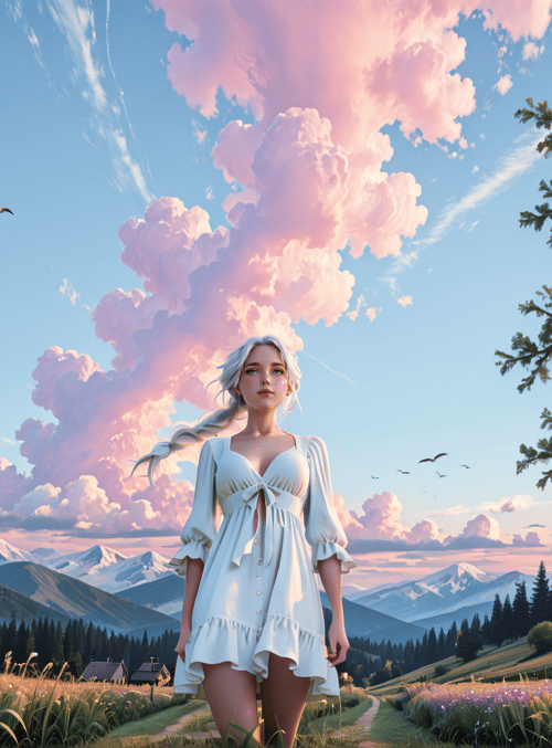woman, cloud, bird, tree, mountain, grass, field