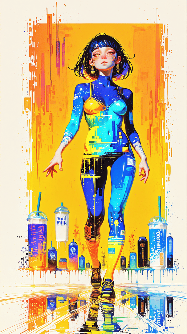 AI generated wallpaper featuring woman, cityscape, drinks, art