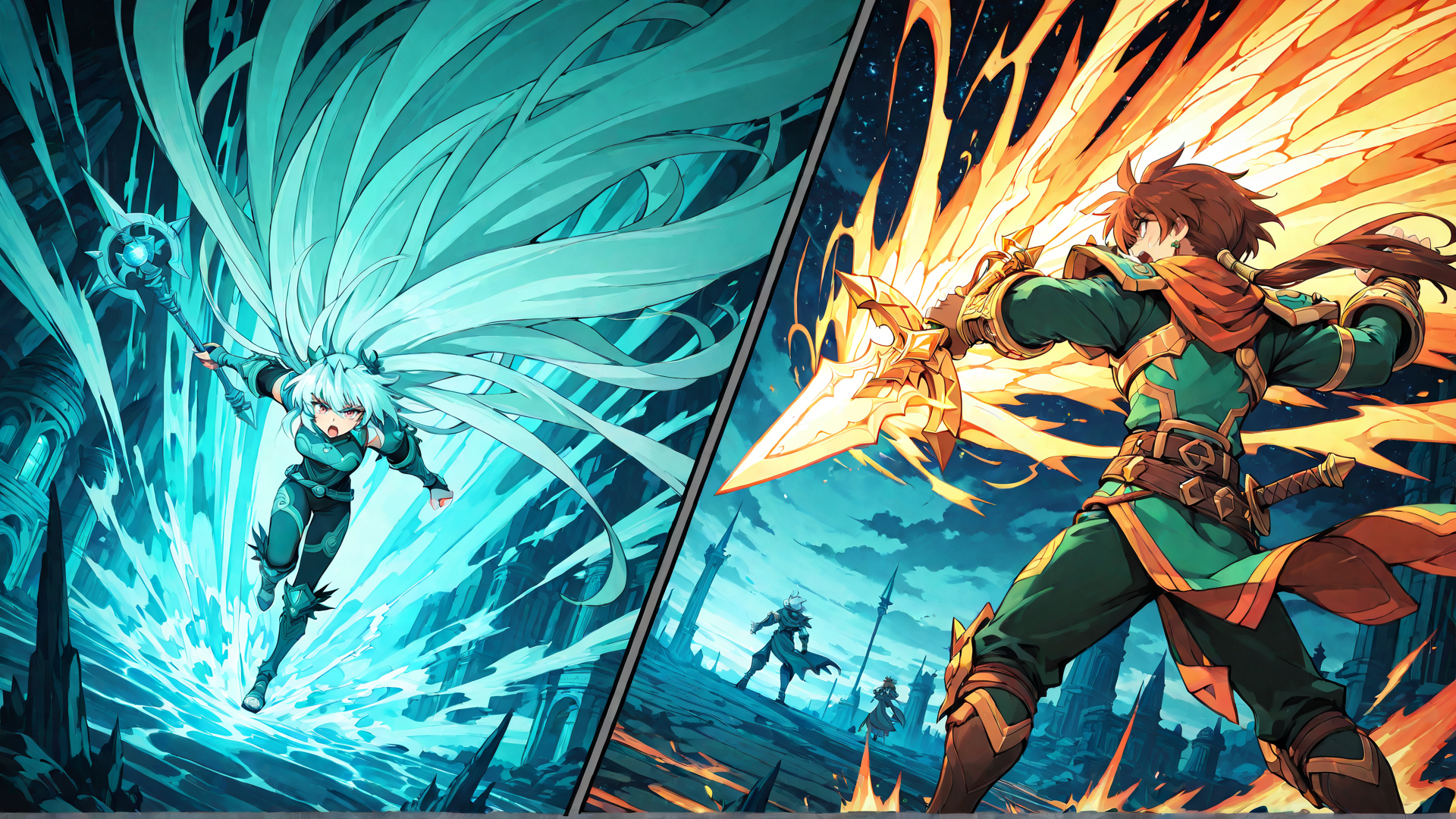 AI generated wallpaper featuring mage, knight, sword, staff, dragon, elf, armor, magic, castle, fire