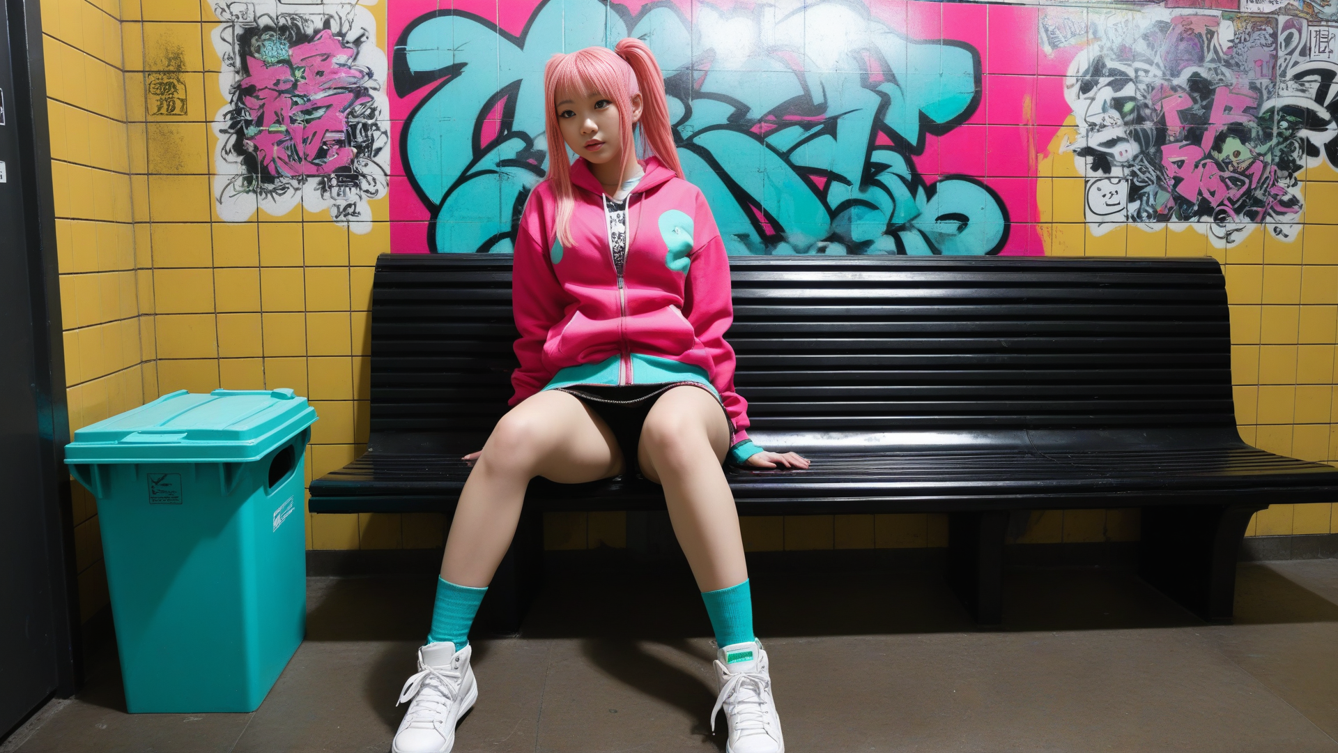 AI generated wallpaper featuring girl, bench, graffiti