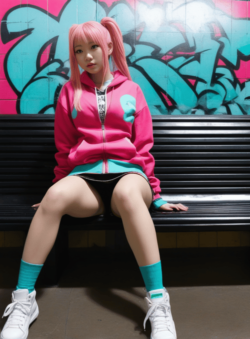 girl, bench, graffiti
