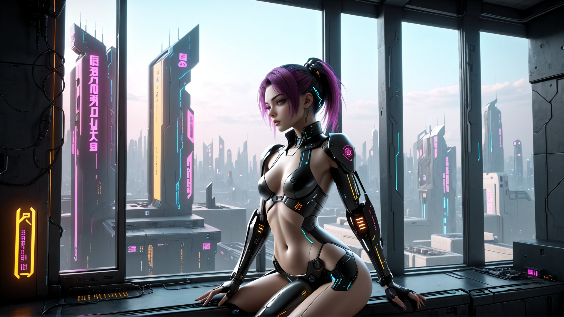 AI generated wallpaper featuring cyborg, woman, cityscape