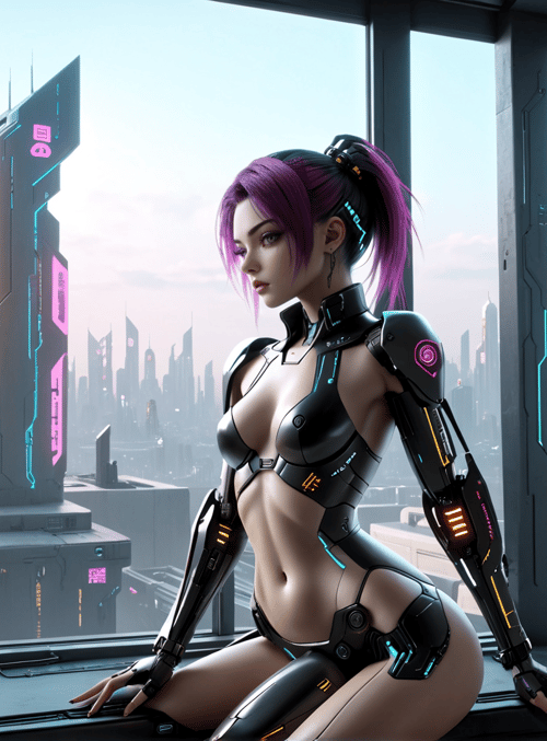 cyborg, woman, cityscape