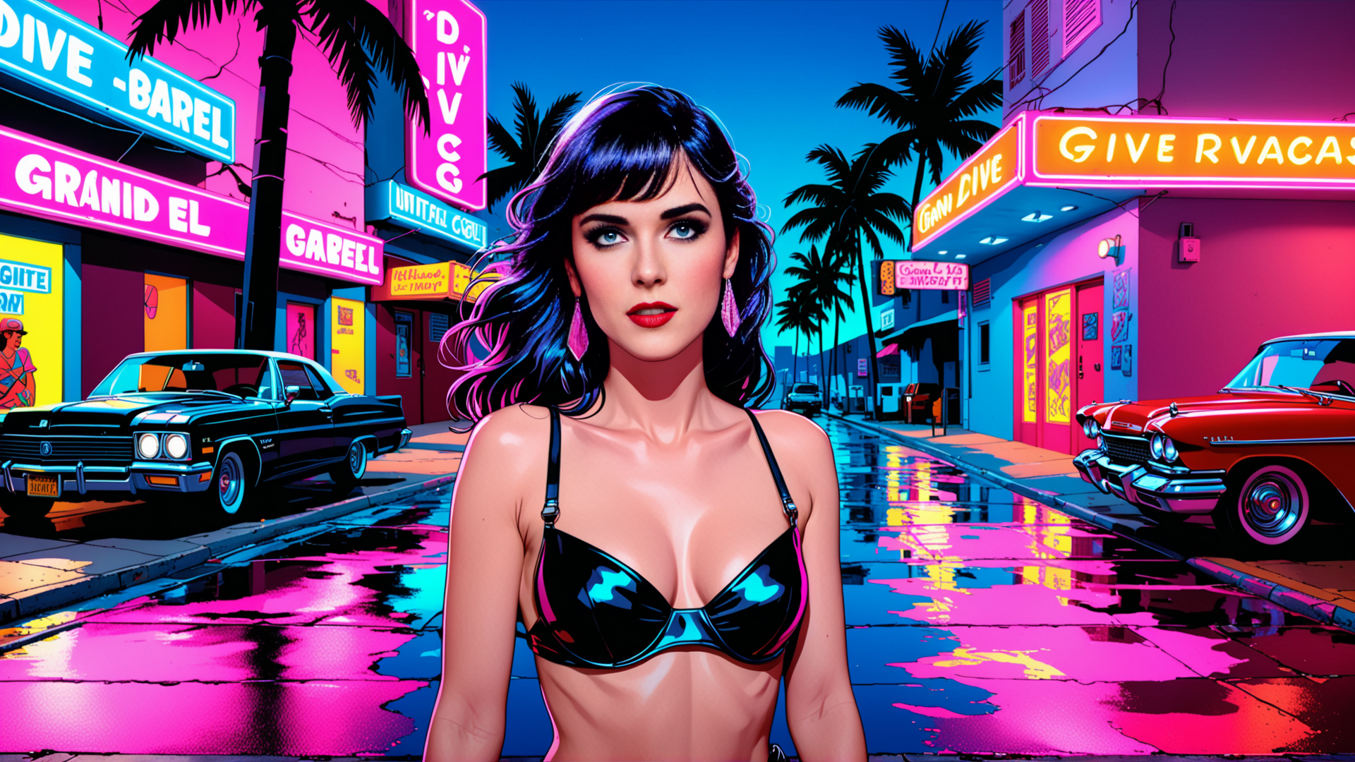 AI generated wallpaper featuring woman, street, cars