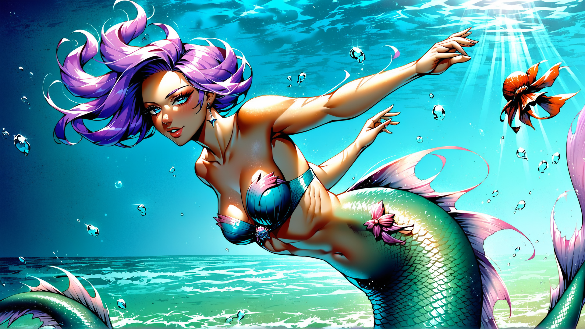 AI generated wallpaper featuring mermaid, fish, water, bubbles, seaweed, octopus, pearl, waves, sunlight, shells