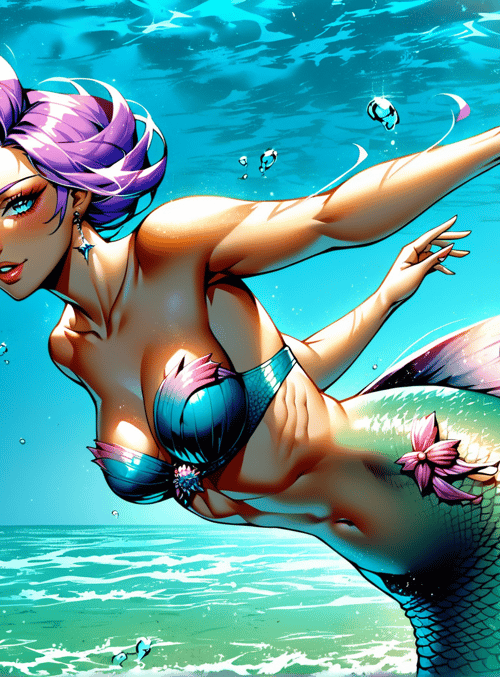 mermaid, fish, water, bubbles, seaweed, octopus, pearl, waves, sunlight, shells