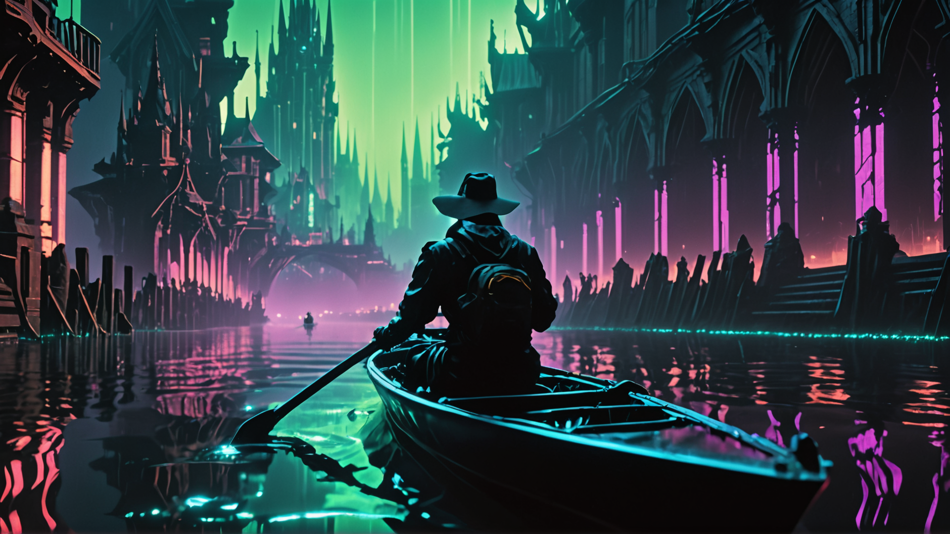 AI generated wallpaper featuring person, canoe, cityscape