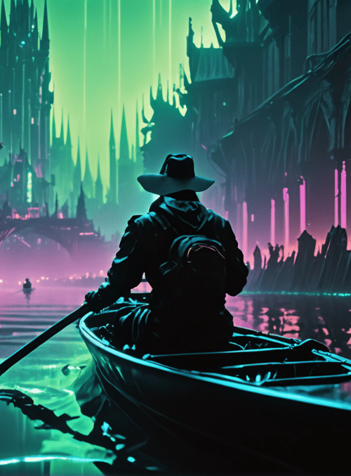 person, canoe, cityscape