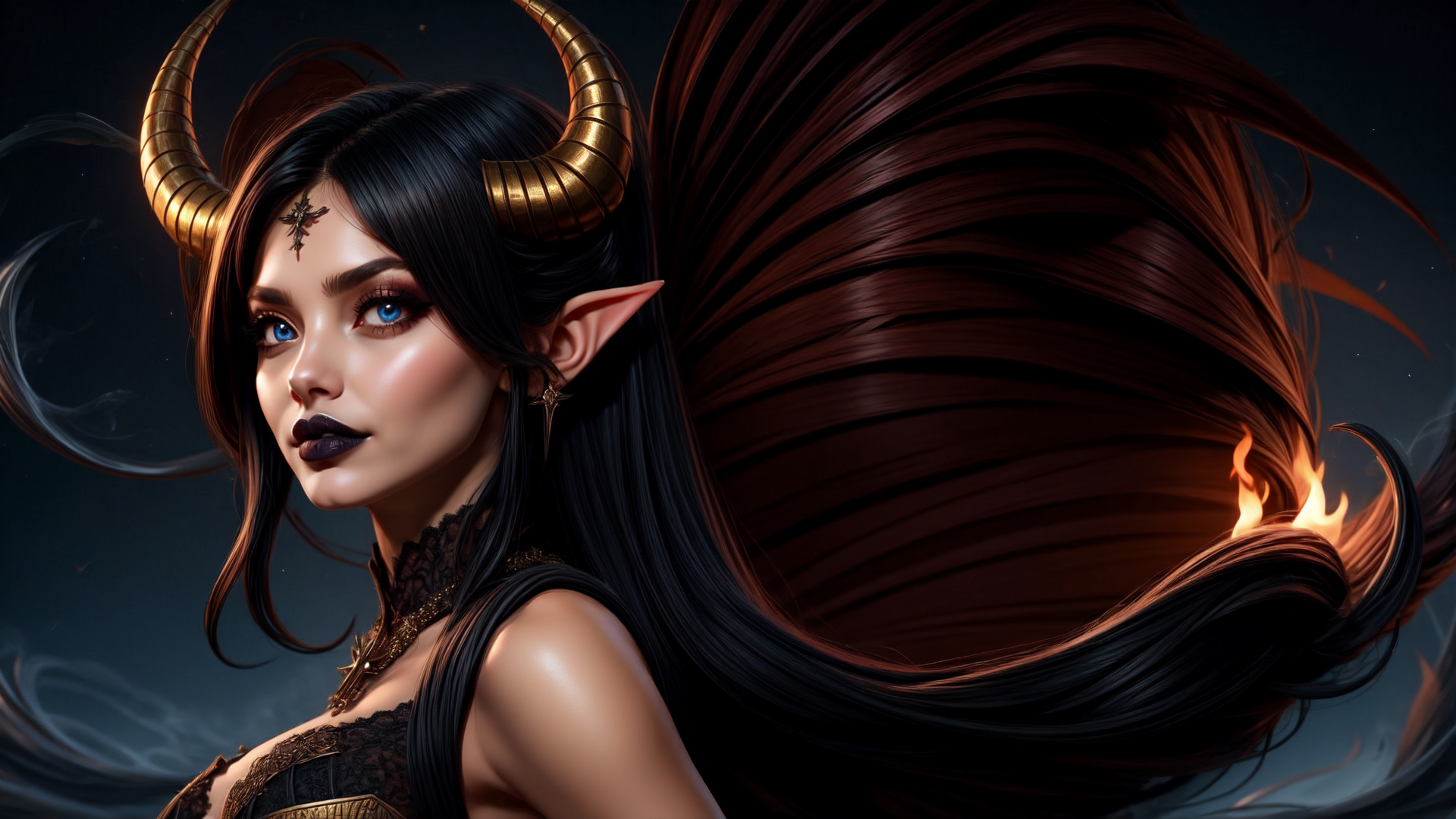 AI generated wallpaper featuring demon, elf, horned, long hair, fire