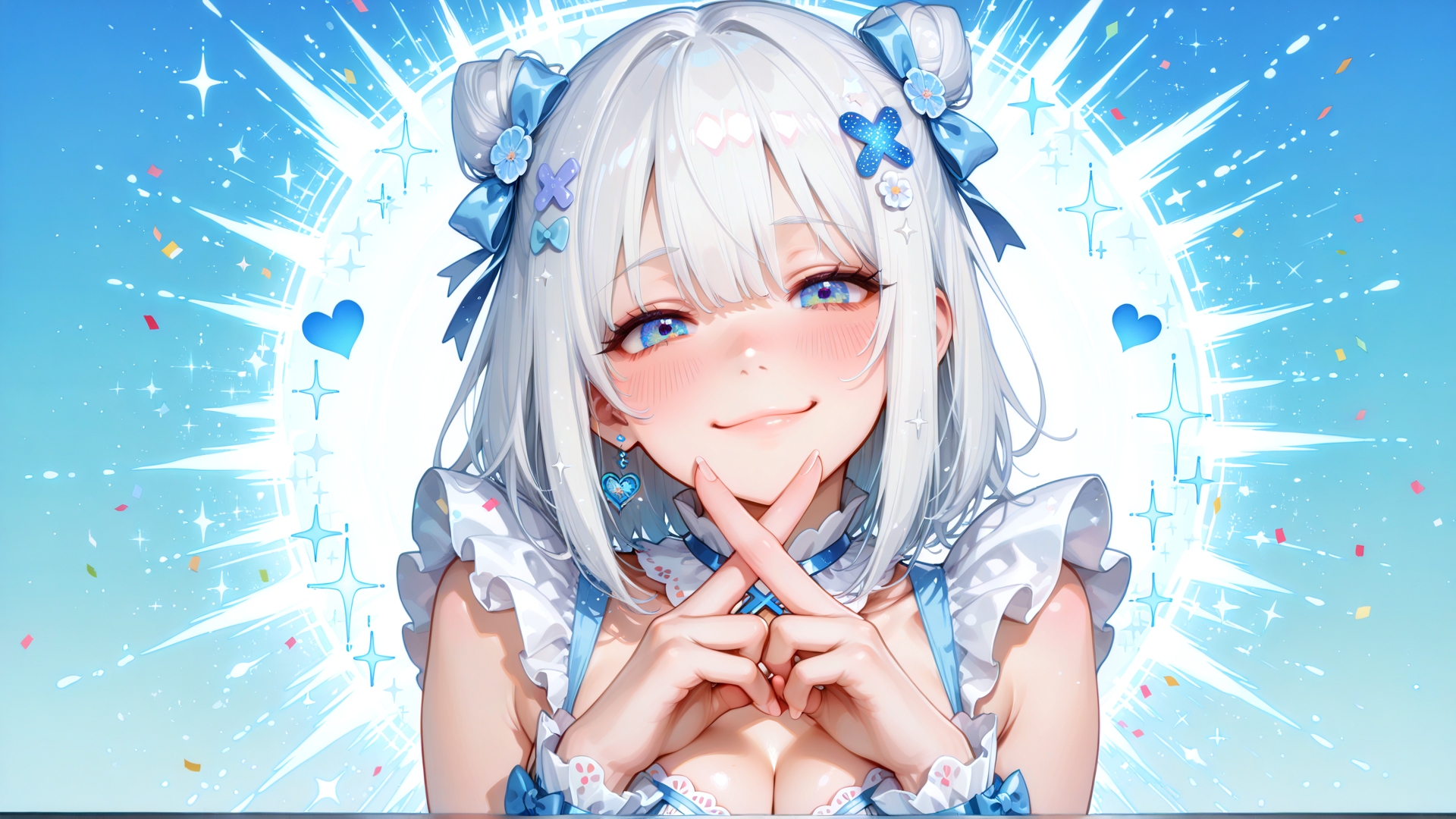 AI generated wallpaper featuring anime girl, silver hair, blue bow, heart shape, fairy, sparkles, confetti, dress, blue eyes, blush
