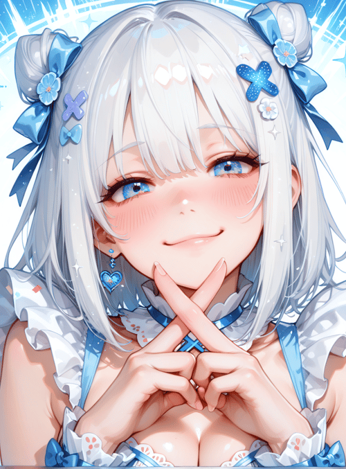 anime girl, silver hair, blue bow, heart shape, fairy, sparkles, confetti, dress, blue eyes, blush