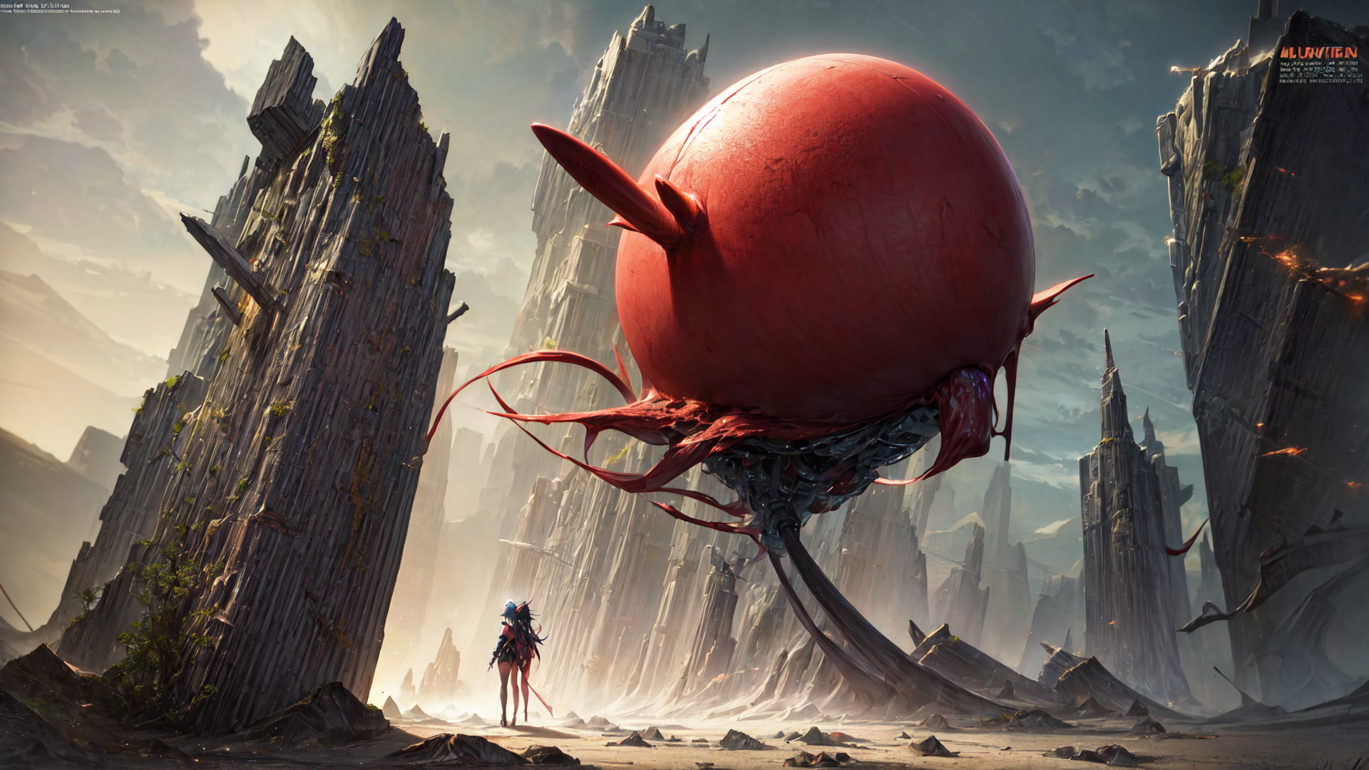 AI generated wallpaper featuring character, giant sphere, ruined city